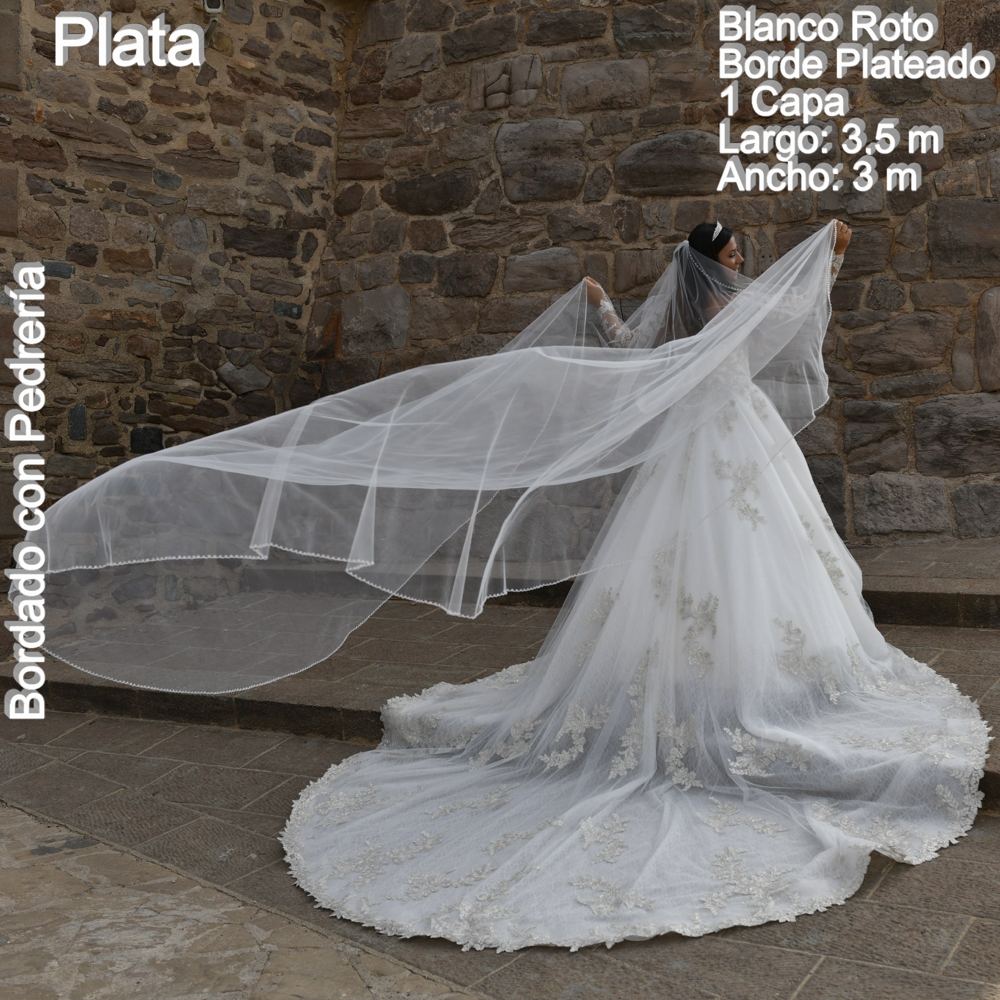 Velo de Novia 3,5 metros largo con borde pedreria plateada